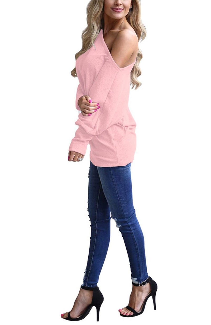 Lacozy Women's Off The Shoulder Long Sleeve Tunic Tops Loose Casual Oversized Shirts Blouses Spring Fall Pink L - Image 2
